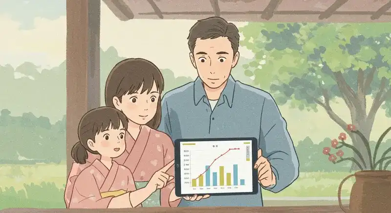 タブレットでガス使用量を確認する家族